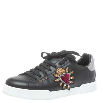Pre Owned Dolce and Gabbana Black Leather Heart Low Top Sneakers Size 43.5