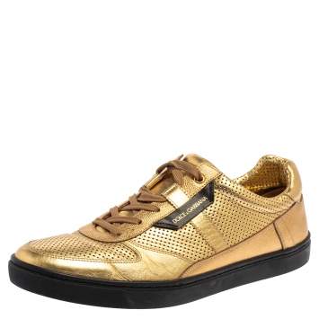 Pre Owned Dolce and Gabbana Metallic Gold Perforated Leather Sneakers Size 44
