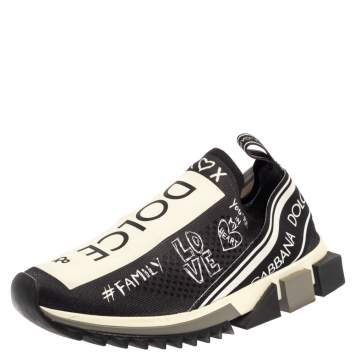 Pre Owned Dolce & Gabbana Black Knit Fabric Sorrento Graffiti Print Sneakers Size 41