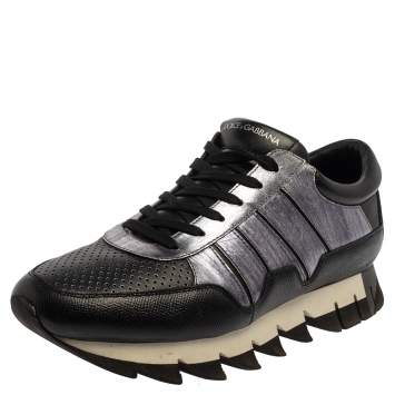 Pre Owned Dolce & Gabbana Black/Silver Perforated Leather And Suede Sorrento Lace Up Sneakers Size 43
