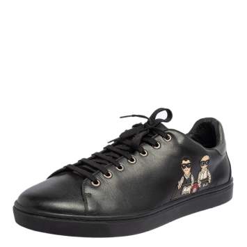 Pre Owned Dolce & Gabbana Black Leather Designers Patch Low Top Sneakers Size 45