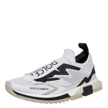 Pre Owned Dolce & Gabbana White/Black Knit Fabric Sorrento Slip On Sneakers Size 45