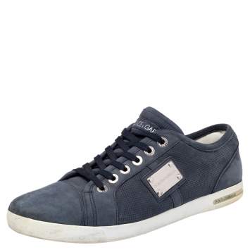 Pre Owned Dolce & Gabbana Blue Suede Logo Plaque Low Top Sneakers Size 43
