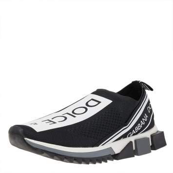 Pre Owned Dolce & Gabbana Black/White Knit Fabric Sorrento Slip On Sneakers Size 43