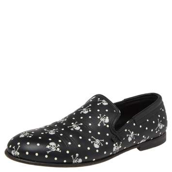 Pre Owned Dolce & Gabbana Black Leather Skull  And Cross Bone Print  Loafers  Size 41