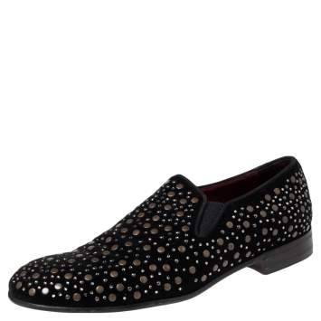 Pre Owned Dolce & Gabbana Black Velvet Crystal Studded Loafers Size 42