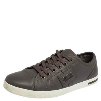 Pre Owned Dolce & Gabbana Grey Leather Logo Plaque Low Top Sneakers Size 40