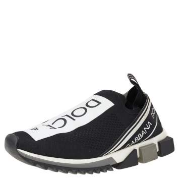 Pre Owned Dolce & Gabbana Black/White Knit Fabric Sorrento Slip On Sneakers Size 44