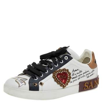 Pre Owned Dolce & Gabbana White Leather Heart Patch Embellished Lace Up Sneakers Size 44