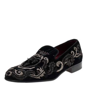 Pre Owned Dolce & Gabbana Black Embroidery Velvet Slip on Loafers Size 41