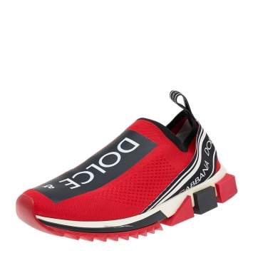 Pre Owned Dolce & Gabbana Red Knit Fabric Sorrento Logo Print Slip On Sneakers Size 43