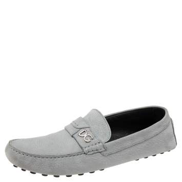 Pre Owned Dolce & Gabbana Grey Leather DG Logo Loafers Size 44