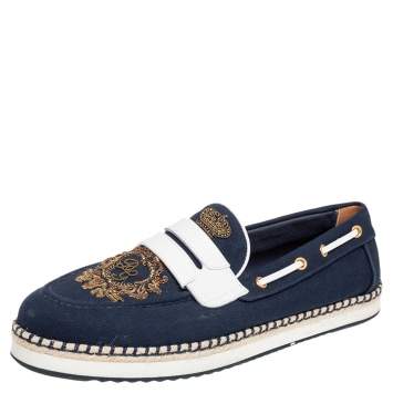 Pre Owned Dolce & Gabbana Navy Blue/White Canvas and Leather Botticelli Embroidered Loafers Size 44