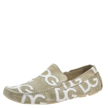 Pre Owned Dolce & Gabbana Grey/White Suede And Leather D&G Stitch Slip On Loafers Size 43