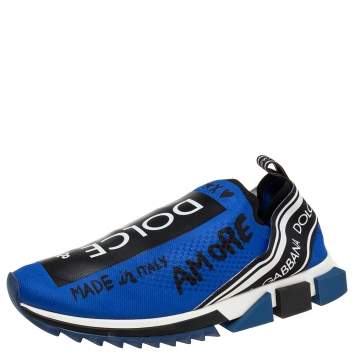 Pre Owned Dolce & Gabbana Blue Knit Fabric Graffiti Sorrento Slip-On Sneakers Size 46