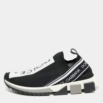 Pre Owned Dolce & Gabbana Black/White Knit Fabric Sorrento Slip-On Sneakers Size 41