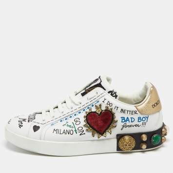 Pre Owned Dolce & Gabbana White Leather Pearl And Stud Embellished  Lace Up Sneakers Size 40.5