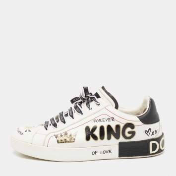 Pre Owned Dolce & Gabbana White/Black Leather Portofino Royal Sneakers  Size 44