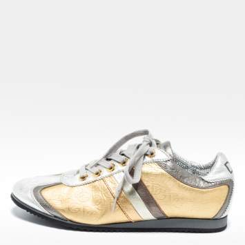 Pre Owned Dolce & Gabbana Gold/Silver Metallic Leather DG Embossed Limited Edition Low Top Sneakers Size 40  