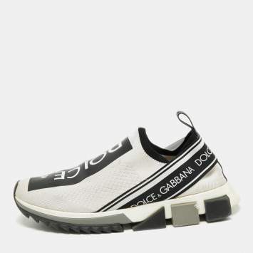 Pre Owned Dolce & Gabbana White/Black Knit Fabric Logo Sorrento Slip On Sneakers Size 41 