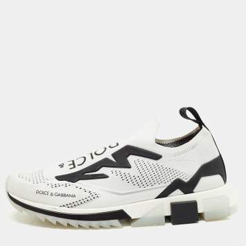 Pre Owned Dolce & Gabbana White/Black Knit Fabric Sorrento Slip On Sneakers Size 45