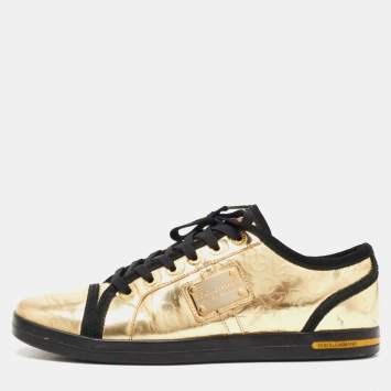 Pre Owned Dolce & Gabbana Gold Leather Logo Plaque Low Top Sneakers Size 41.5 