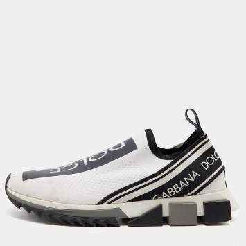 Pre Owned Dolce & Gabbana White/Black Logo Print Knit Fabric Sorrento Sneakers Size 43.5