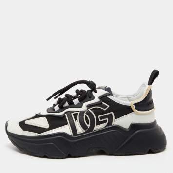 Pre Owned Dolce & Gabbana Black/White Leather and Nylon Low Top Sneakers Size 42
