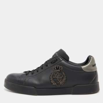 Pre Owned Dolce & Gabbana Black Leather Patch Portofino Low Top Sneakers Size 44