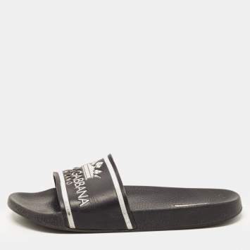 Pre Owned Dolce & Gabbana Black Rubber Logo Flat Slides Size 45