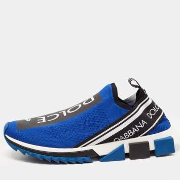 Pre Owned Dolce & Gabbana Blue/Black Stretch Fabric Jersey Sorrento Logo Print Slip On Sneakers Size 43