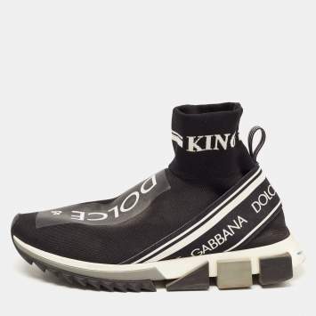 Pre Owned Dolce & Gabbana Black Logo Print Knit Fabric Sorrento High Top Sneakers Size 42