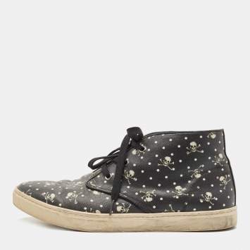 Pre Owned Dolce and Gabbana Black Skull and Cross Bone Print Coated Canvas High Top Sneakers Size 43