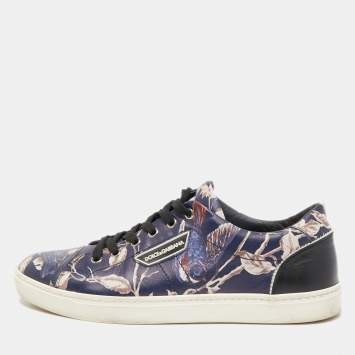 Pre Owned Dolce & Gabbana Navy Blue/Black Floral Print Leather Low Top Sneakers Size 41.5