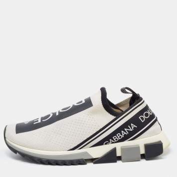 Pre Owned Dolce & Gabbana White/Black Fabric Sorrento Logo Print Slip On Sneakers Size 42