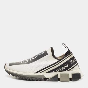 Pre Owned Dolce & Gabbana White/Black Logo Print Knit Fabric Sorrento Sneakers Size 41.5 