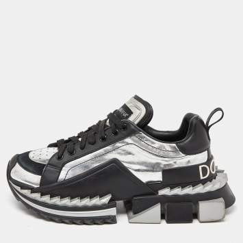 Pre Owned Dolce & Gabbana Black/Silver Leather and Patent Super King Platform Sneakers Size 41