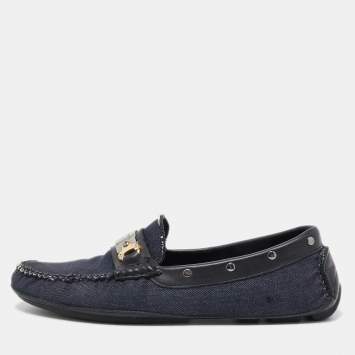 Pre Owned Dolce & Gabbana Navy Blue/Black Denim and Studded Leather Loafers Size 40