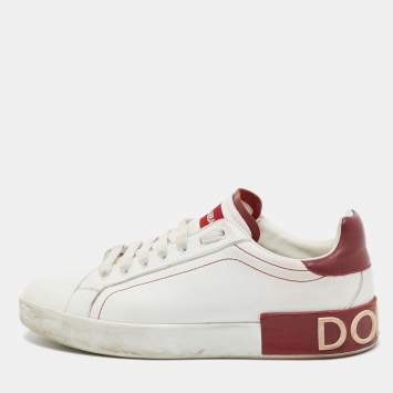 Pre Owned Dolce & Gabbana White/Red Leather Portofino Low Top Sneakers Size 39.5