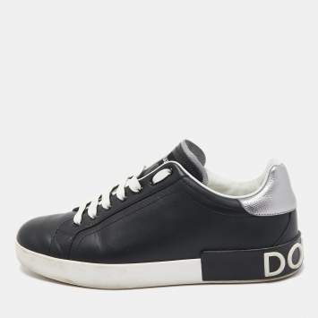 Pre Owned Dolce & Gabbana Black/White Leather Portofino Trainer Sneakers Size 43