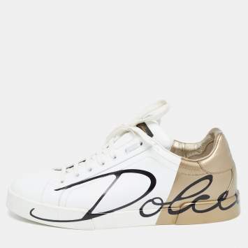 Pre Owned Dolce and Gabbana White/Gold Logo Print Leather and Patent Portofino Sneakers Size 44