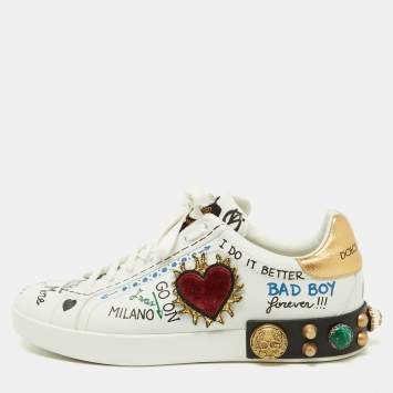 Pre Owned Dolce & Gabbana White Leather Pearl and Stud Embellished  Lace Up Sneakers Size 42.5