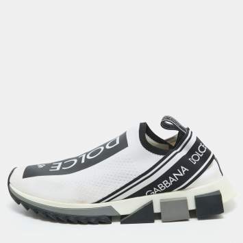 Pre Owned Dolce & Gabbana White/Black Knit Fabric Sorrento Sneakers Size 45