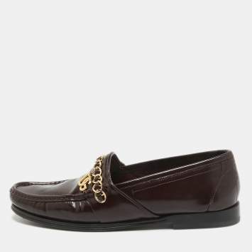 Pre Owned Dolce & Gabbana Burgundy Patent DG Chain Slip On Loafers Size 42