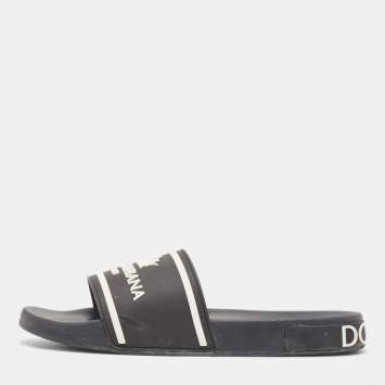 Pre Owned Dolce & Gabbana Black Rubber Crown Logo Flat Slides Size 44