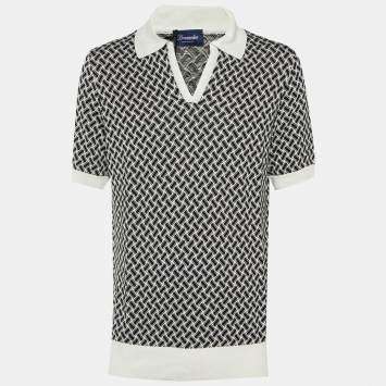 Pre Owned Drumohr Black/White Cotton & Linen Knit Polo T-Shirt L