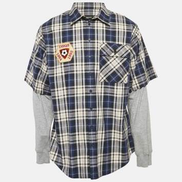 Dsquared2 Blue Tartan Checks Cotton and Jersey Sleeve Shirt L
