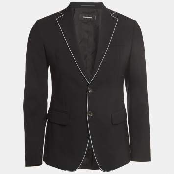 Pre Owned Dsquared2 Black Contrast Piping Print Wool Single Breasted Blazer S