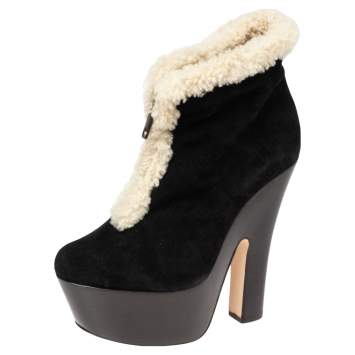 Pre Owned Dsquared2 Black Suede and Shearling Zip Platform Ankle Boots Size 38