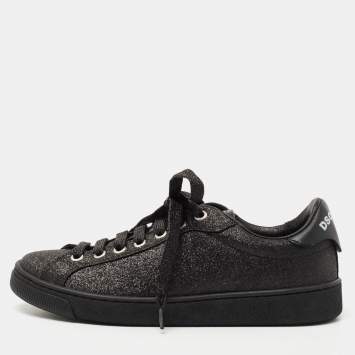 Pre Owned Dsqaured2 Black Glitter and Leather Low Top Sneakers Size 36